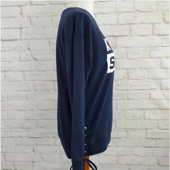 Fifth Sun Keep It Sassy Top L Large Blue White Spell Out Graphic Lace Up Sides - Picture 6 of 9